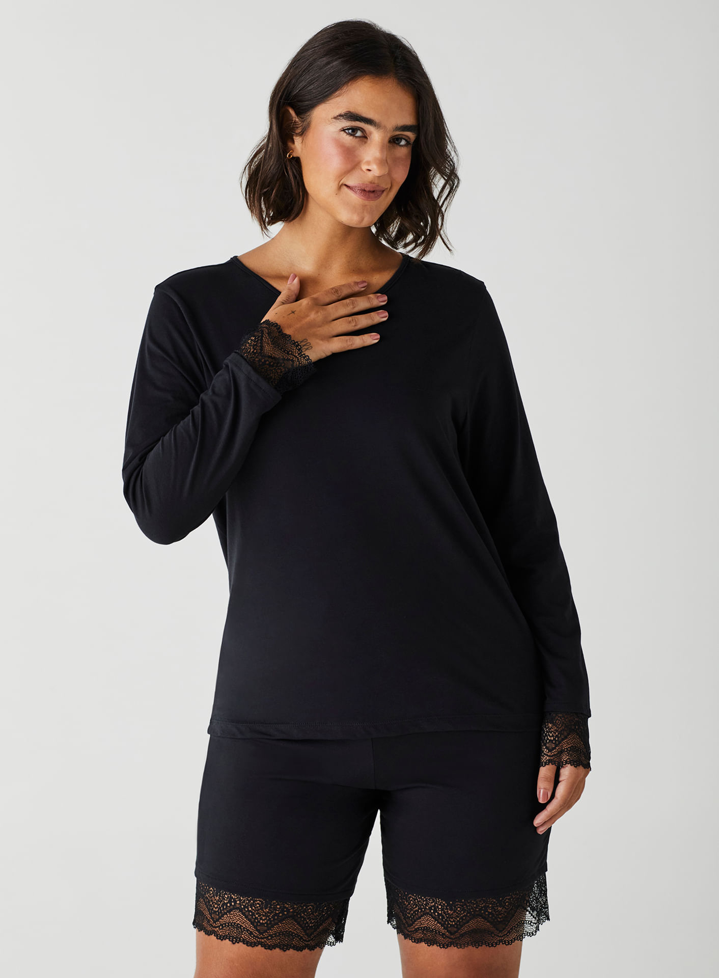 Camiseta de Pijama Manga Longa de Algodão com Renda 21700