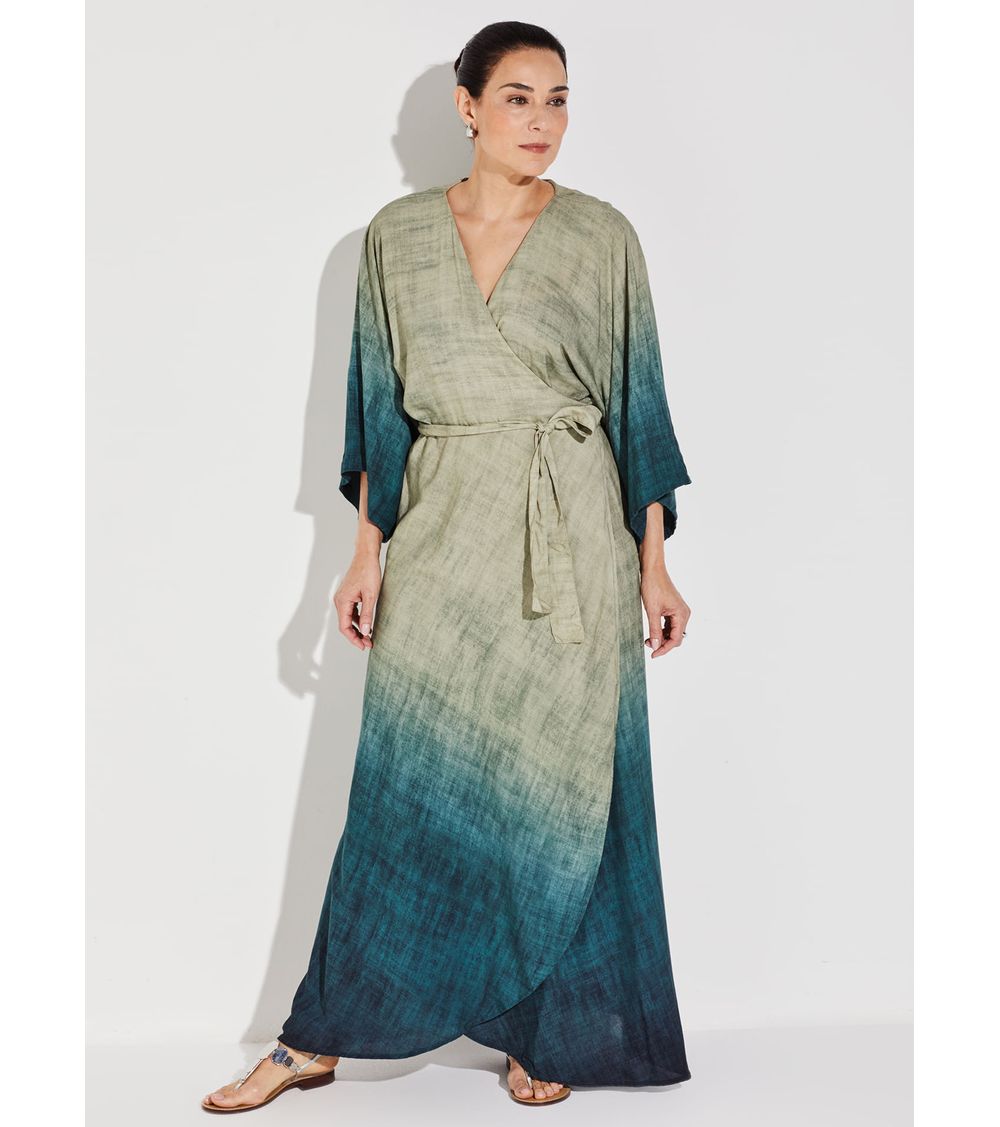 Vestido Transpassado Longo Estampado 15862 Nuances do Mar GG