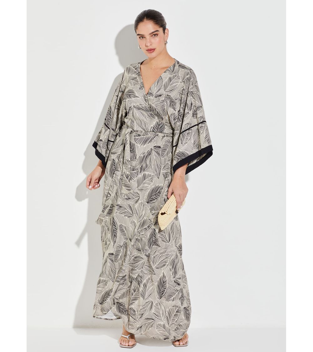 Vestido Transpassado Longo Estampado 15862 Dança das Folhas GG
